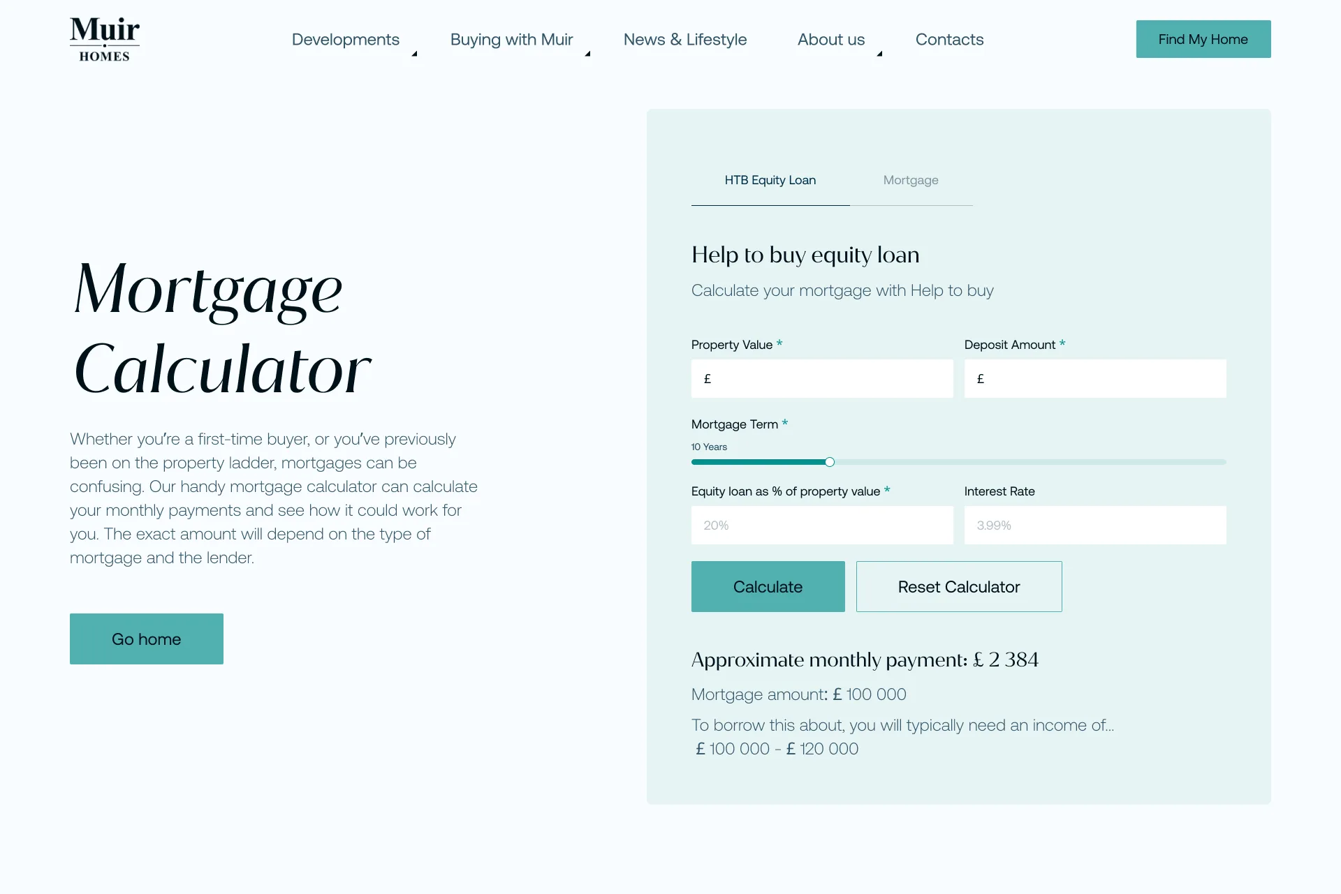 Ипотечен калкулатор с раздели за Help to Buy и ипотека.